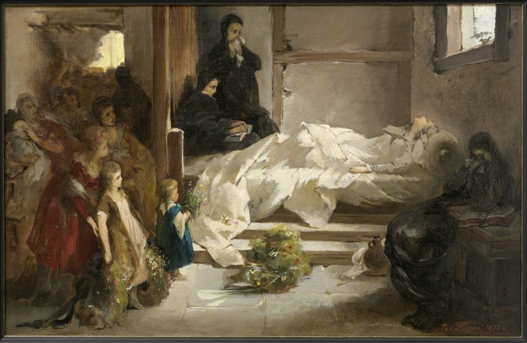 Dargestellt ist die heilige Elisabeth auf ihrem Sterbebett.