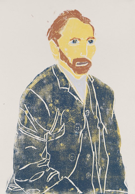 Wir sehen den Künstler Vincent van Gogh auf diesem Holzschnitt von Perihan Arpacilar. Der orangene Bart und das orangene Haar sind das Künstlermarkenzeichen. Die Person trägt eine blaue Jacke.