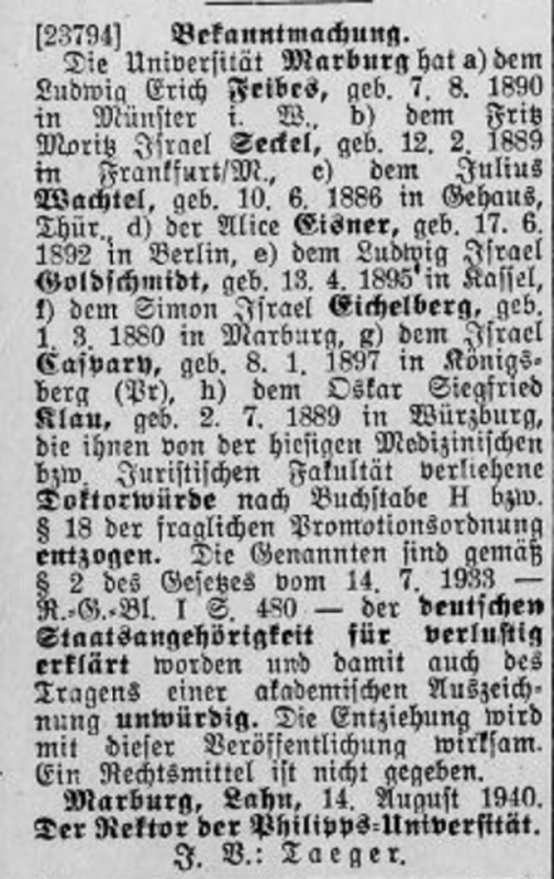 Entziehung des Doktorgrades von Alice Eisner, Verkündigung im Deutschen Reichsanzeiger 1940 / 192 / 17. August 1940 S. 4.