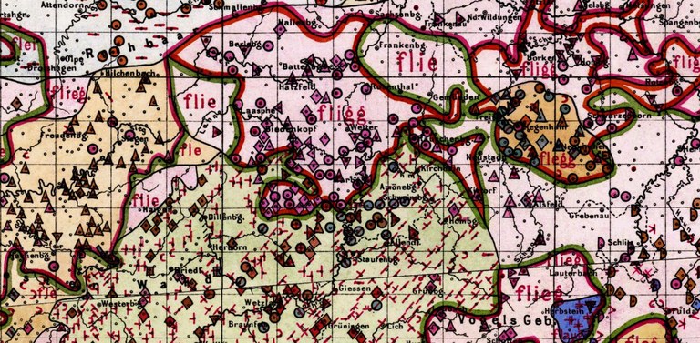 Das Bild zeigt einen Ausschnitt der sprachhistorischen Wenkerkarte mit Marburg und dem näheren Umkreis. Eingezeichnet sind sprachspezifische Regionen.