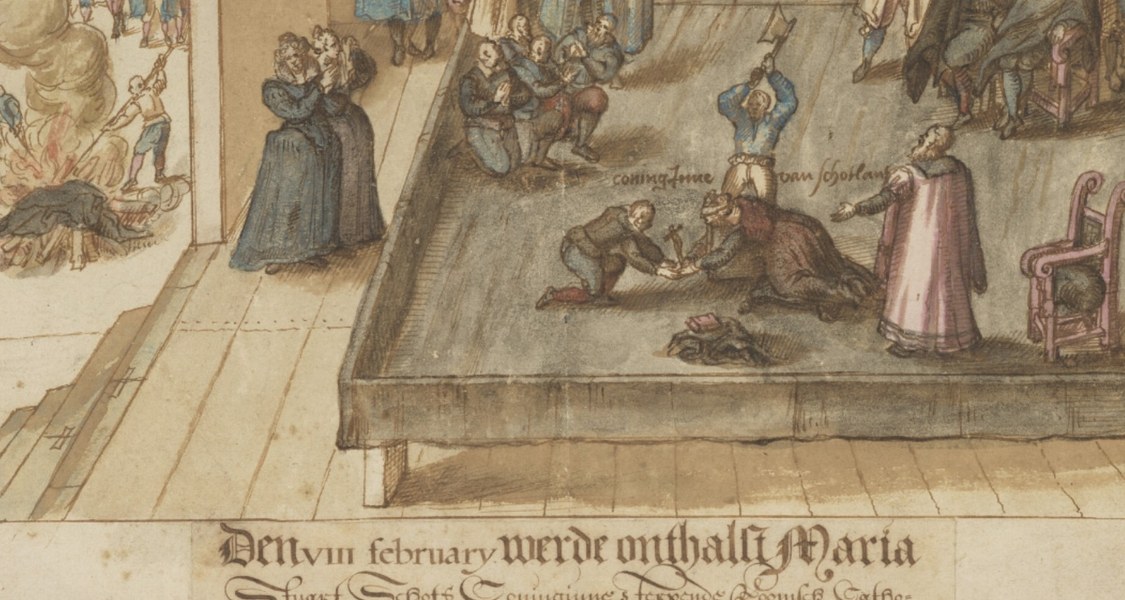 Das Bild illustriert die Hinrichtung von Maria I., Königin von Schottland am 8. Februar 1587 auf Schloss Fotheringhay in Northamptonshire. Nach neunzehn Jahren Gefangenschaft wurde sie für schuldig befunden, die Ermordung ihrer Cousine, Königin Elisabeth I., geplant zu haben. Die Kleider der Königin wurden verbrannt, um zu verhindern, dass ihre Anhänger sie als Reliquien aufbewahren, wie die Szene links unten zeigt.