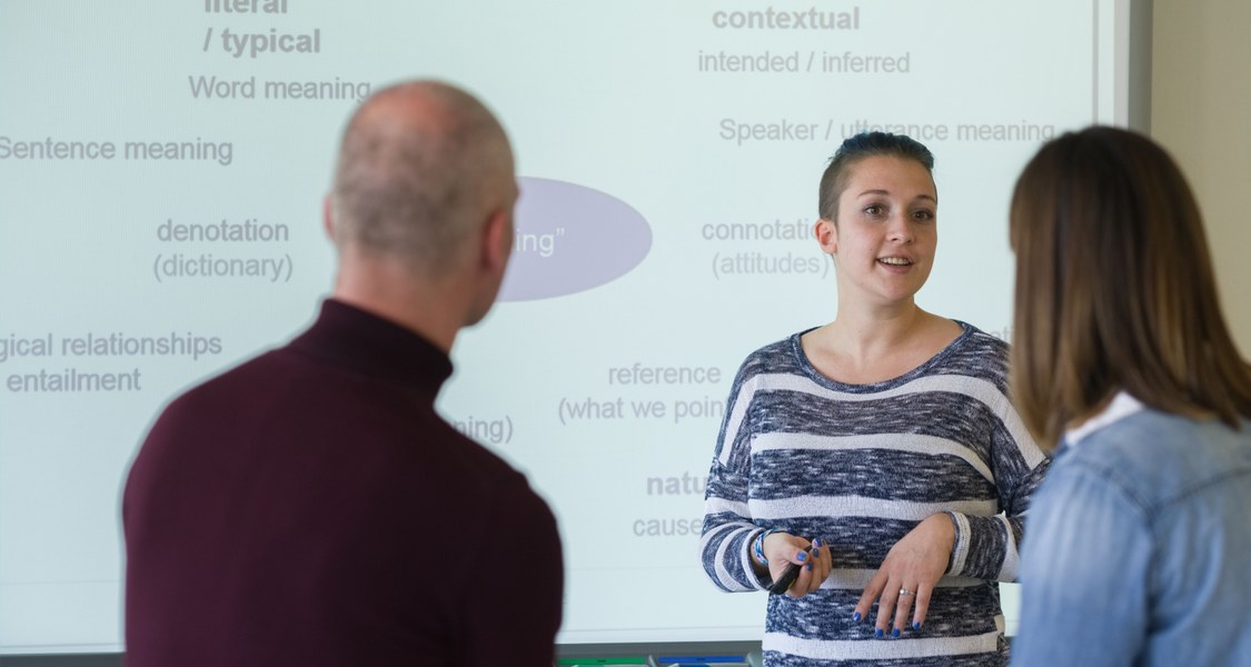 Zwei Studentinnen und ein älterer Mann stehen vor einem Whiteboard, auf welches eine PowerPoint-Folie projiziert wird. Darauf sind verschiedene englische Wörter zu lesen. Die eine Studentin steht mit Blickrichtung zur Kamera, hält einen Pointer in der Hand und scheint den anderen etwas zu erklären.