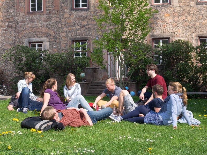 Eine Gruppe Studierender sitzt entspannt auf einer Wiese.