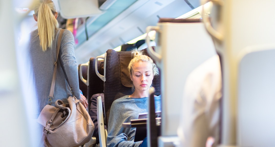 Eine junge Frau arbeitet in der Bahn an ihrem Latptop.