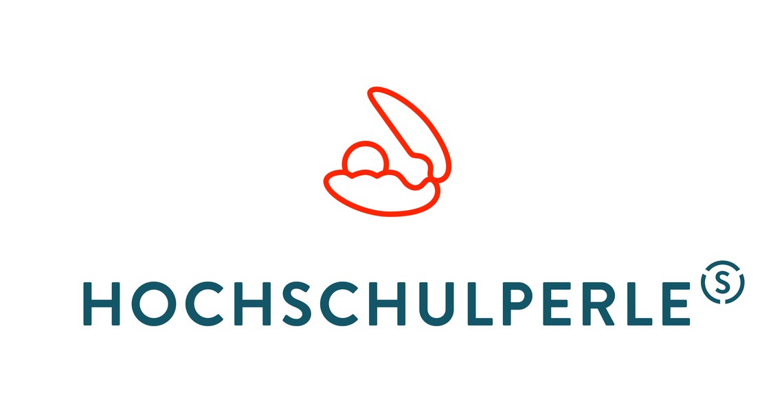 Rote Muschel mit Perle darunter das Wort Hochschulperle