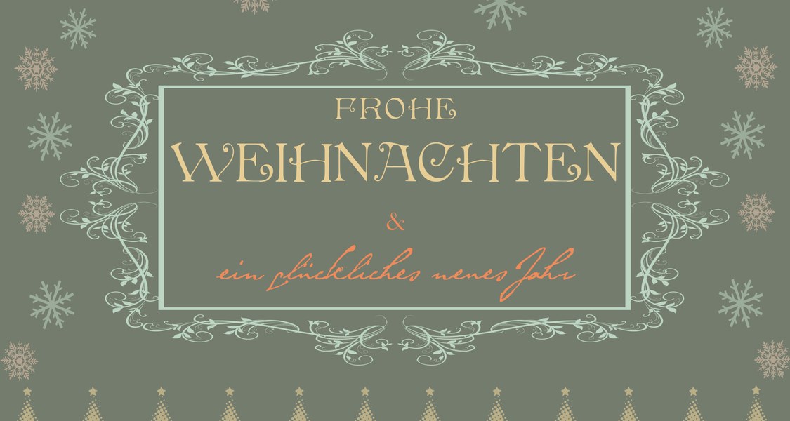 Auf dunkelgrünem Hintergrund mit Schneeflocken steht eingerahmt: Frohe Weihnachten und ein glückliches neues Jahr