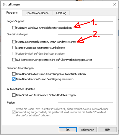 Einstellungswahl; Checkboxen Autostart Fusion