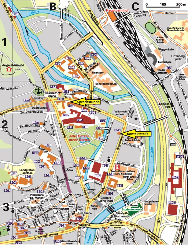 Auf dem Bild sehen Sie einen Lageplan der Marburger Innenstadt.