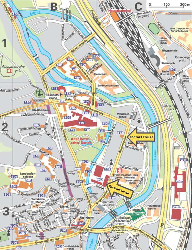 Auf dem Bild sehen Sie eine Karte der Marburger Innenstadt mit Kennzeichnung der Kontaktstelle sowie des Orts der Sprechstunde.