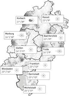 Gezeigt wird eine Wetterkarte mit Temperaturangaben.