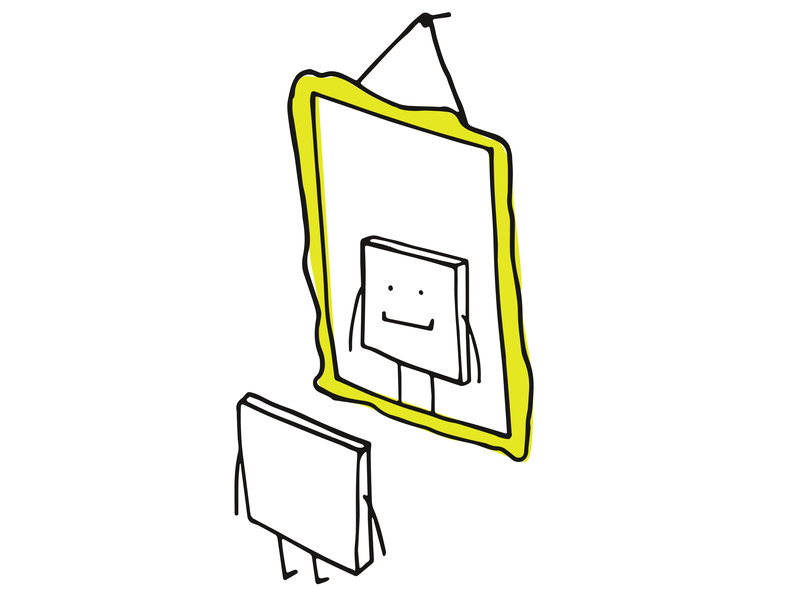 Ein personifiziertes Quadrat schaut in einen Spiegel.