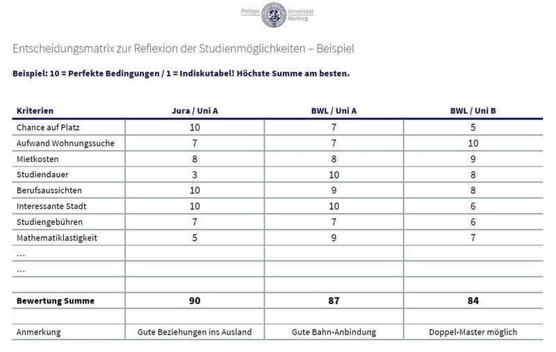 Screenshot einer Entscheidungsmatrix