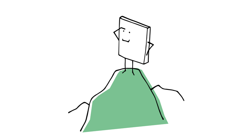 Ein personifiziertes Quadrat schaut von einem Berg hin die Ferne.