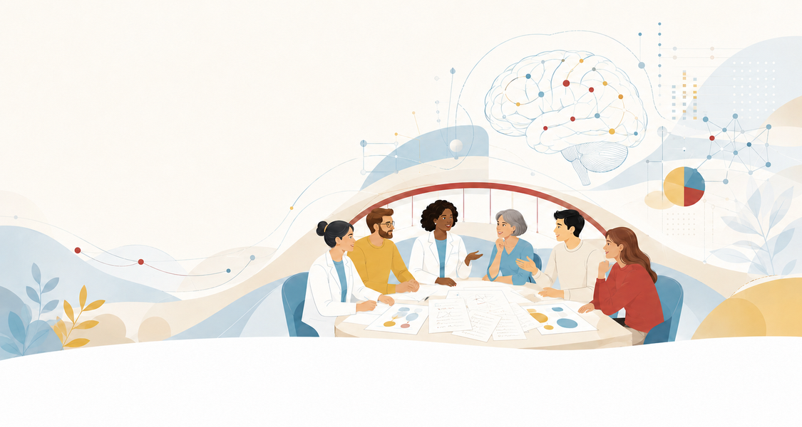 Das KI-generierte Bild zeigt Ärzte/Ärztinnen bzw. Wissenschaftler:innen, Betroffene und Angehörige, welche gemeinsam an einem runden Tisch sitzen und sich mit dem Ziel austauschen, die Erfahrungen der Personen mit gelebter Erfahrung in die Forschung einzubringen. Im Hintergrund symbolisiert eine angedeutete Brücke die gewünschte Verbindung zwischen gelebter Erfahrung und Wissenschaft.