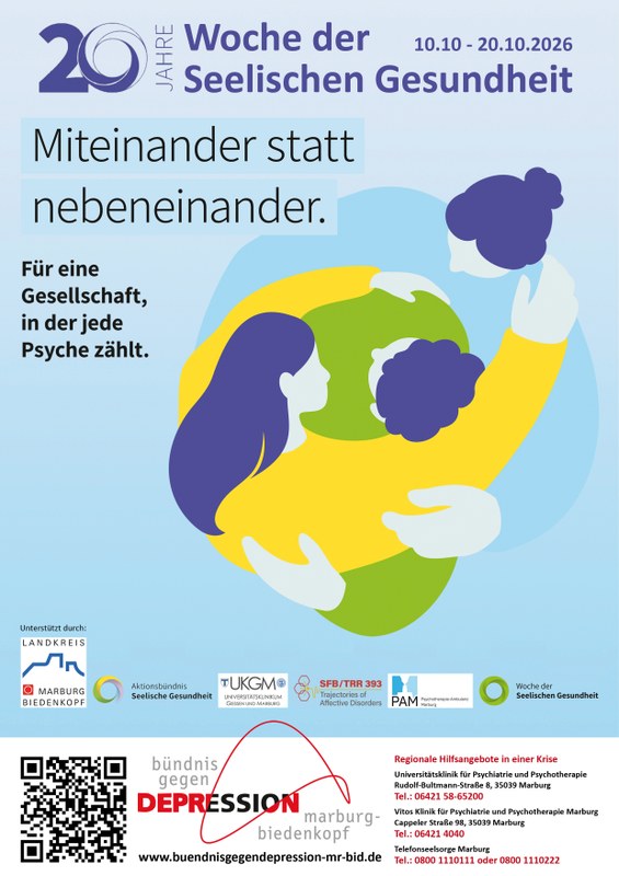 Das Poster zeigt stilisierte Menschen, die sich umarmen und verweist auf die Woche der Seelischen Gesundheit vom 10. - 20. Oktober.