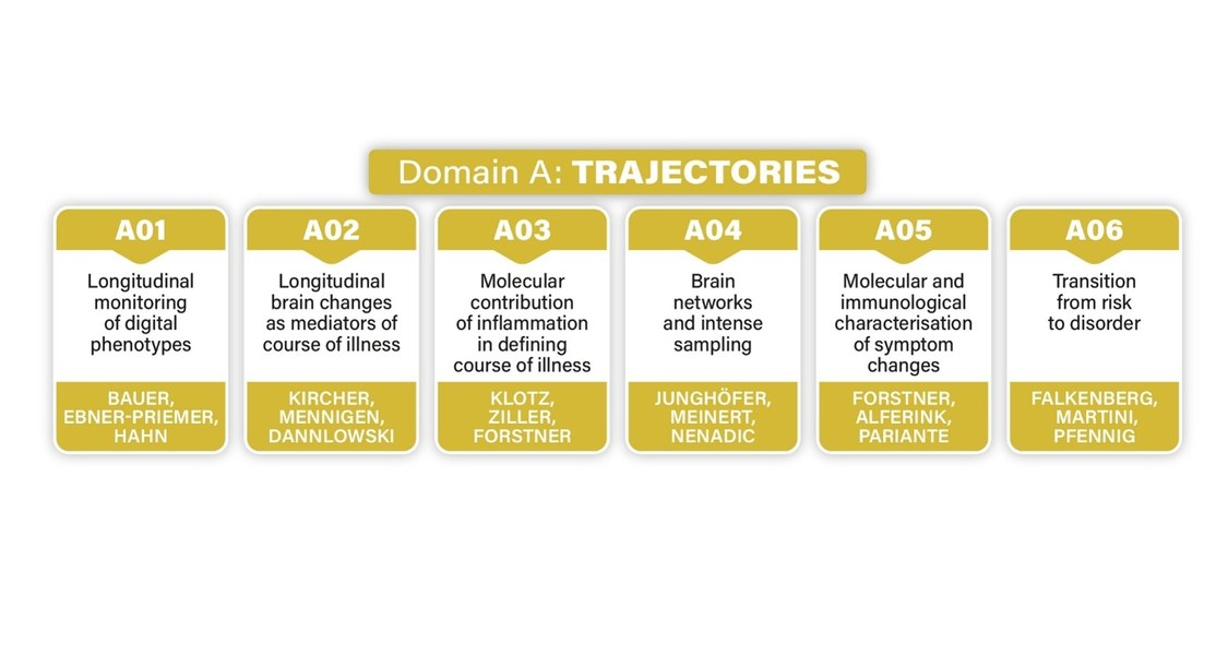Die Abbildung zeigt die Teilprojekte inkl. Titel und PIs der sechs verschiedenen Projekte im Bereich A - Verlaufsformen.