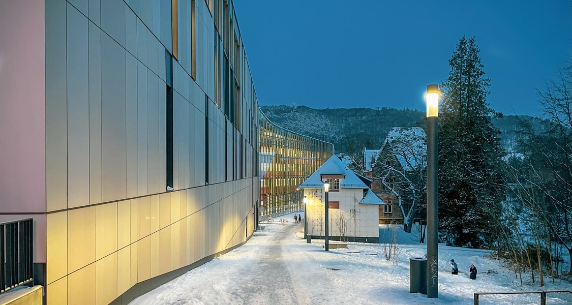 Die UB vom Pilgrimstein aus gesehen zur blauen Stunde und im Schnee