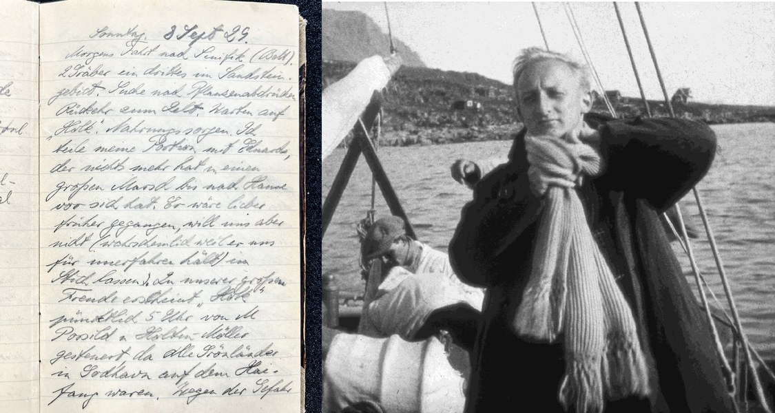 Eine Collage aus einem Foto des aufgeschlagenen Tagebuchs und einem Foto des jungen Walter Böhme auf dem Expeditionsschiff "Krabbe"