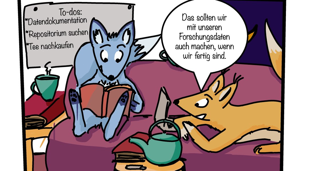 Comiczeichnung mit zwei Füchsen zum Forschungsdatenmanagement