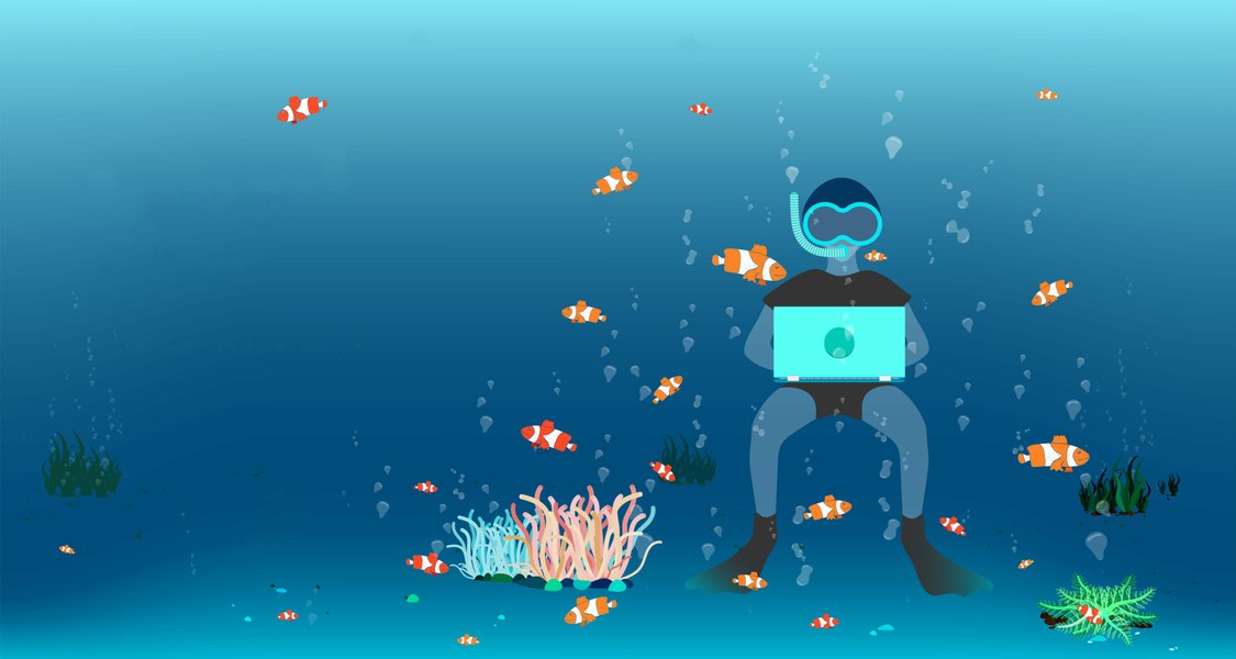 Grafik eines Tauchers unter Wasser mit Laptop auf den Knien