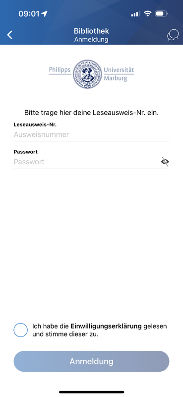 Der Screenshot aus der Uni Marburg-App zeigt die Anmeldemaske für das Bibliothekskonto.