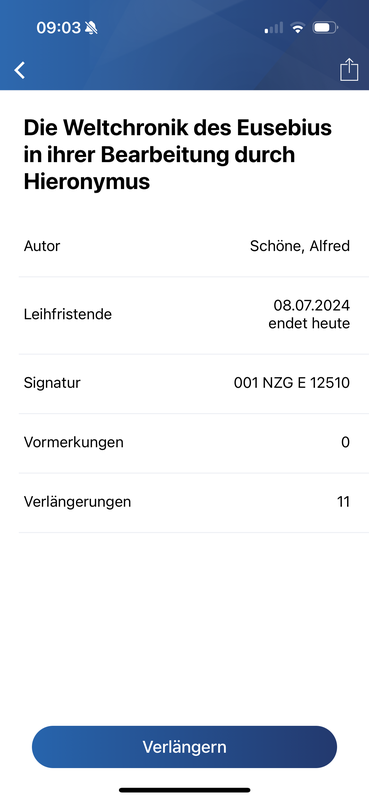 Der Screenshot aus der Uni Marburg-App zeigt die Einzelansicht eines ausgeliehenen Mediums.
