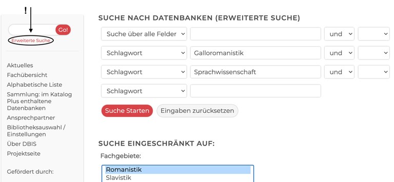 Beispielsuche in der erweiterten Suchmaske von DBIS, zu der man im Datenbank-Infosystem durch Klick auf den Link unterhalb des allgemeinen Suchschlitzes auf der linken Seite gelangt