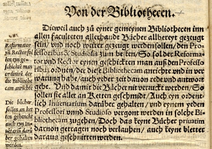 Abschnitt über die Bibliothek aus den im Jahr 1564 erlassenen Statuten der Universität Marburg. UniA Marburg 305a Nr. 7475