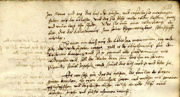 Abschnitt über die Bibliothek aus dem Statutenentwurf von 1560. UniA Marburg 305a Nr. 7475