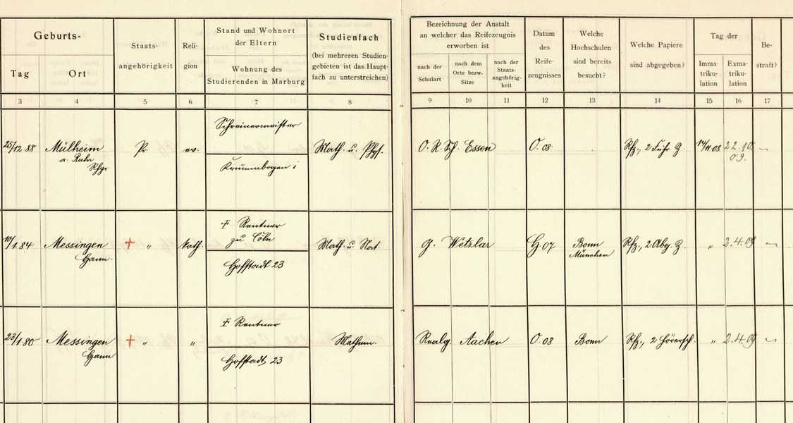 Immatrikulation der Schwestern Mathilde und Marie Vaerting im Wintersemester 1908/9 in Marburg für das Fach Mathematik. UniA MR 305m 1 Nr. 49