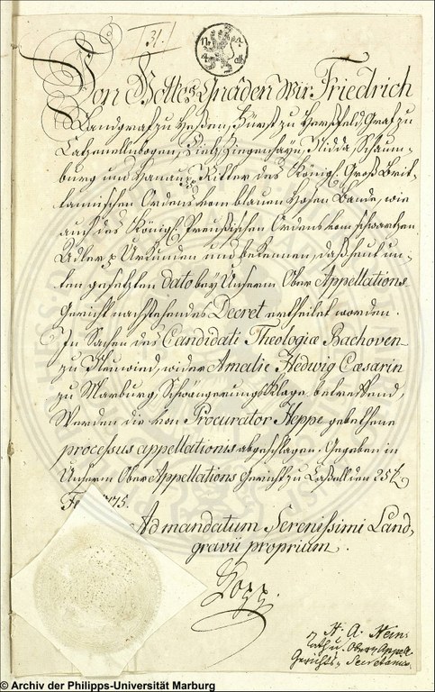 Abweisung eines Einspruchs des Kandidaten Bachoven gegen das wi-der ihn ergangene Urteil der Universität durch das Kasseler Oberappellationsgericht im Jahr 1775. UniA Marburg 305n Nr. 793