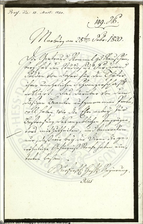 Anschreiben der kurfürstlichen Regierung in Marburg an die Universität vom 28. Februar 1820. UniA Marburg 305n Nr. 837