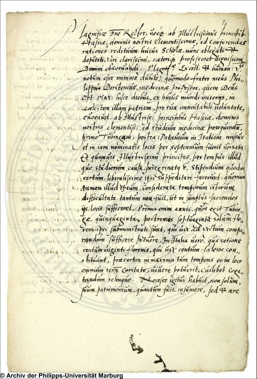 Der Bruder des verstorbenen Medizinprofessors Philipp Dorstenius bittet um Zahlung eines Jahresgehaltes an dessen Witwe, 1574. UniA Marburg 305o Nr. 134, fol.1r
