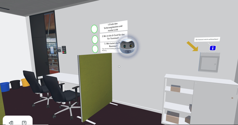 Man sieht das X-Space Gamelab als virtuellen Raum. An der Wand ist eine Checkliste mit Aufgaben. davor schwebt ein kleiner Ball mit Augen und dem Uni-Logo.