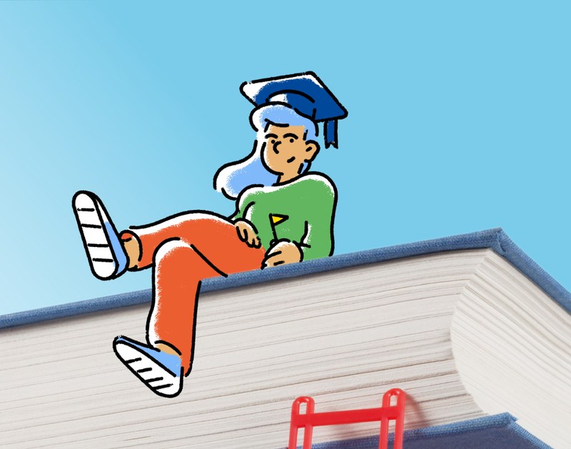 Studentin mit Absolventenhut (Zeichnung) sitzt auf einem Buch
