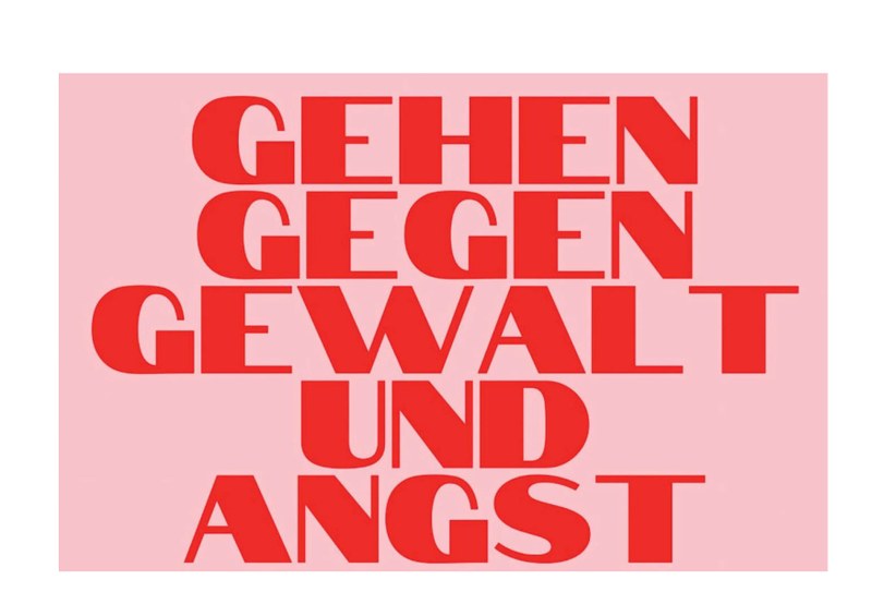 Plakat "Gehen gegen Gewalt" mit Eckdaten zur Veranstaltung, rote und schwarze Schrift vor rosa Hintergrund