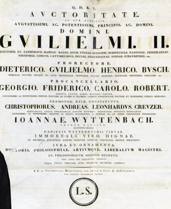 Das Bild zeigt die Doktorurkunde Wyttenbachs. Das Foto ist aus dem Jahr 1872