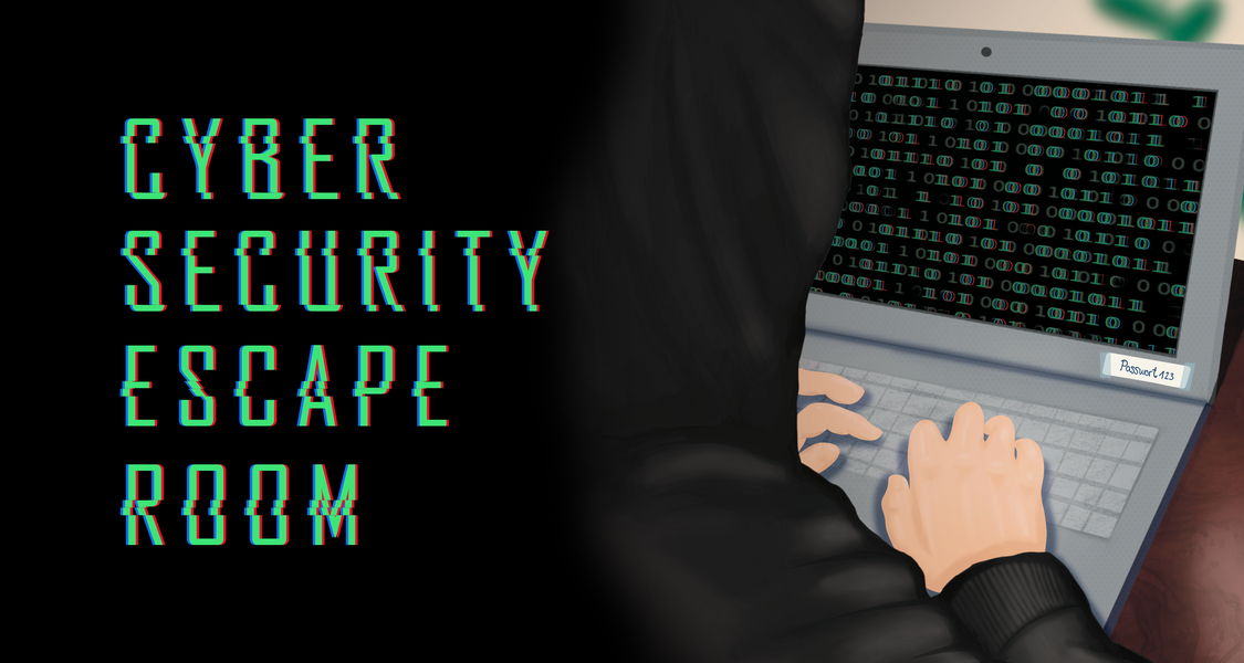 Person mit Kapuzenpullover an einem Laptop, Text: Cyber Security Escape Room