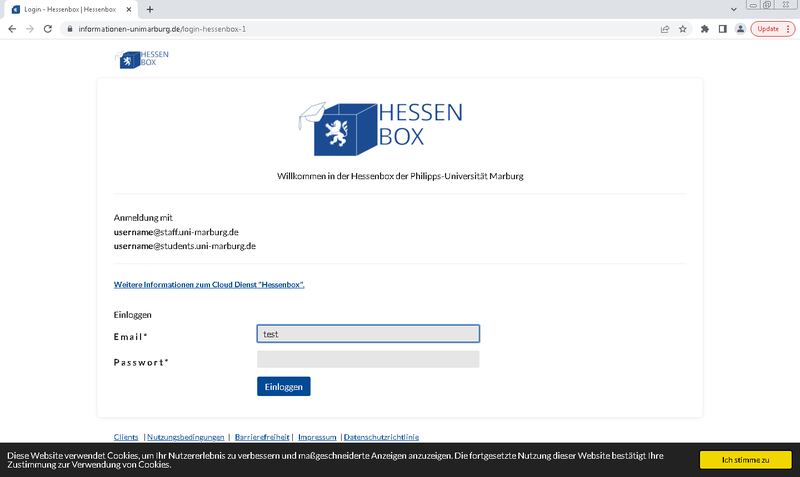 Seite auf die man geleitet wird, wenn man auf den Link in der Phishing E-Mail klickt. Es handelt sich um die nachgebaute Login-Seite der Hessenbox