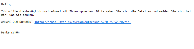 Das Bild zeigt ein Beispiel einer Qakbot Phishing-Mail. Der Text der E-Mail lautet: Hallo, ich wollte diesbezüglich noch einmal mit Ihnen sprechen. Bitte sehen Sie sich die Datei an und melden Sie sich bei mir, was Sie denken. Darunter befindet sich ein Link, über den einen Schadsoftware heruntergeladen wird.