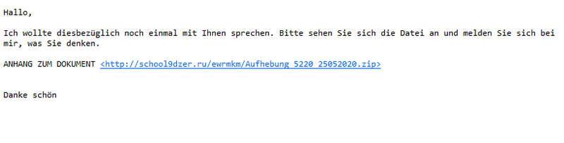 Der Screenshot zeigt eine Phishing-E-Mail mit Bezug zu Qakbot. Die E-Mail beginnt mit einer allgemeinen Anrede „Hallo“. Im Text bittet die Absenderin oder der Absender darum, eine Datei anzusehen und um Rückmeldung, was man davon hält. Es wird ein Link zu einer externen ZIP-Datei mit dem Titel „ANHANG ZUM DOKUMENT“ angegeben. Am Ende steht „Danke schön.“