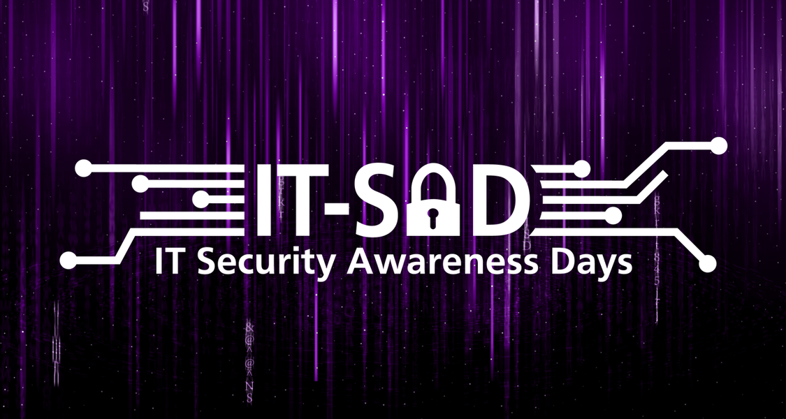 Auf dem Bild sind vertikale pinke Linien und Buchstaben vor einem schwarzen Hintergrund zu sehen. Die Darstellung erinnert an den Film Matrix. Am unteren rechten Rand ist das Logo der IT Security Awareness Days abgebildet.