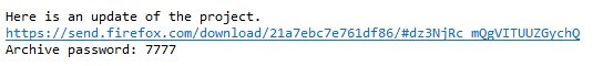 Screenshot eines E-Mail-Ausschnitts. Text: „Here is an update of the project.“ Darunter ein Download-Link zu Firefox Send: https://send.firefox.com/download/21a7ebc7e761df86/#dz3NjRc_mQvVTIUUZGychQ Darunter steht: „Archive password: 7777“