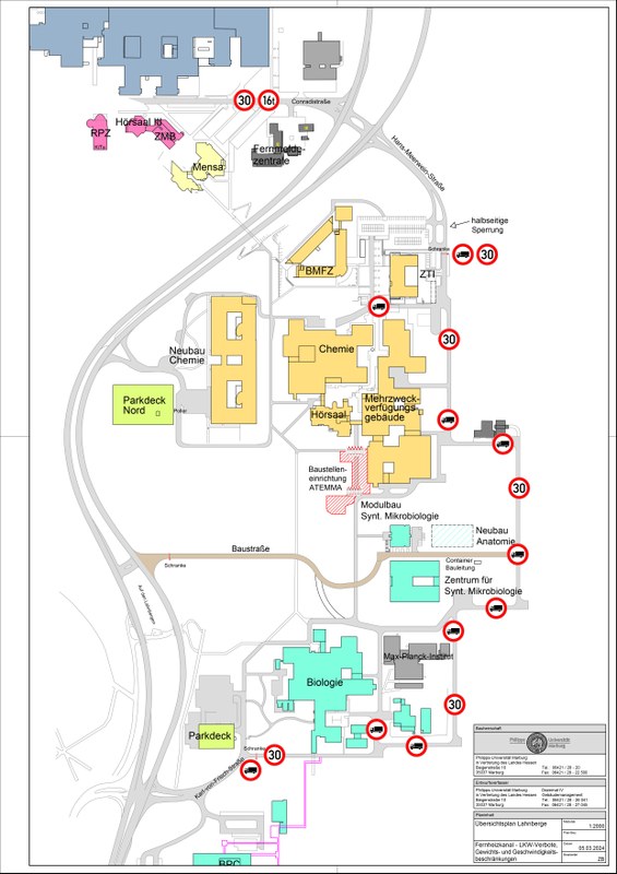 Übersichtsplan zur aktuellen Verkehrsführung auf dem Campus Lahnberge (Stand 05.03.2024), Klick öffnet vergrößerte Ansicht