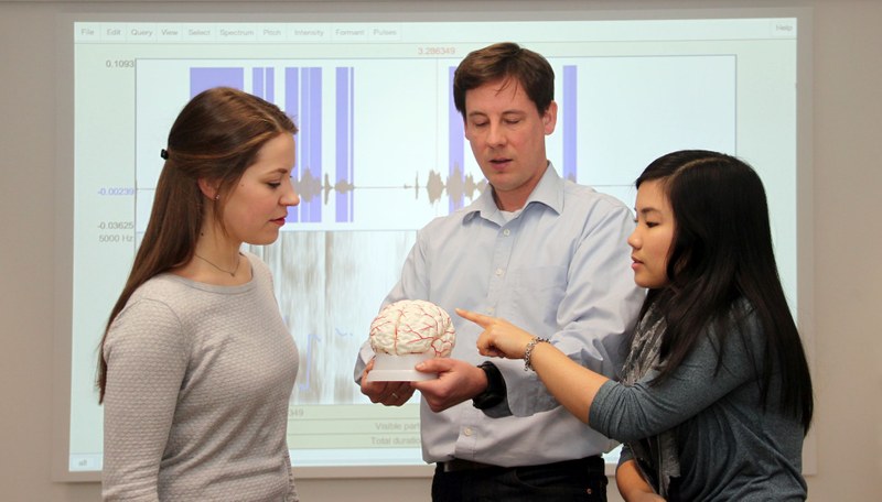 Dozent erklärt Modell des Gehirns