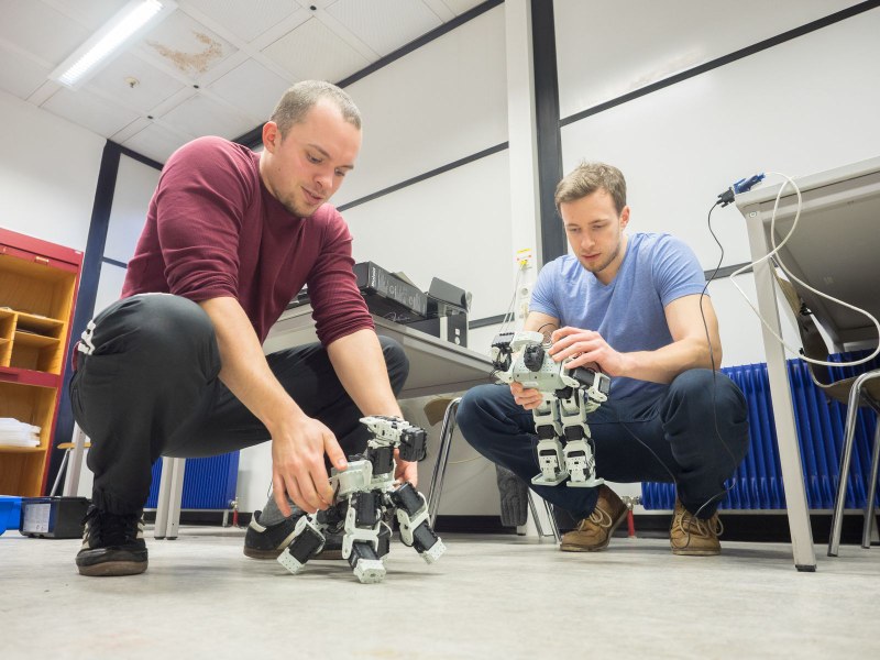 Studierende arbeiten mit kleinen Robotern