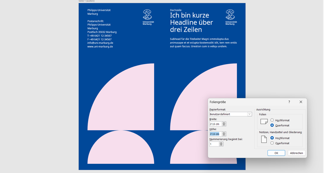 Ansicht eines Flyers mit 4 Seiten. Der Menüpunkt Foliengröße ist geöffnet.
