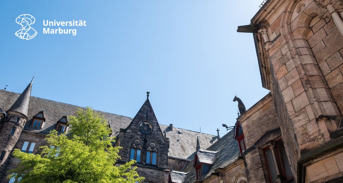 Detailansicht der Alten Universität, über der Fassade ist im Himmel das neue Logo der Uni Marburg platziert (stilisierter Philipp mit Schriftzug Universität Marburg)