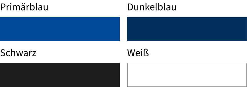 Die vier Primärfarben im Überblick: Primärblau, Dunkelblau, Schwarz, Weiß.