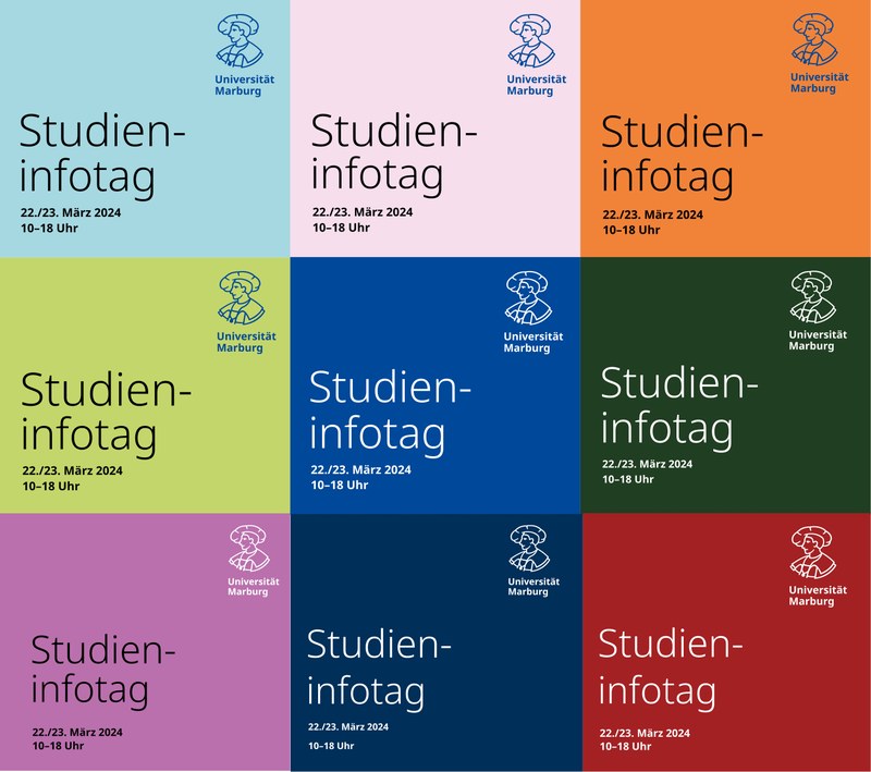 Farbige Hintergründe und blaues oder weißes Logo, sowie schwarze oder weiße Schrift.